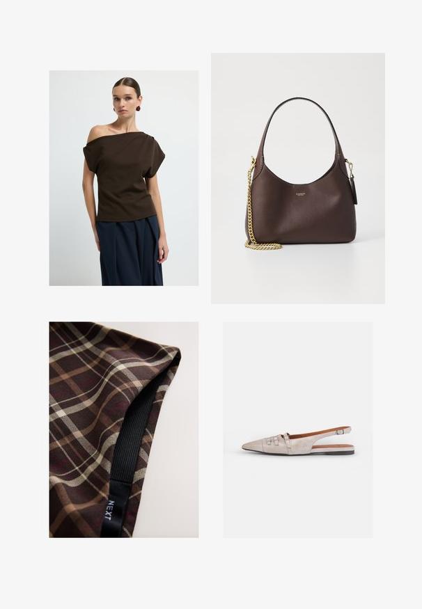 Haut marron hors-épaule en tissu doux, avec des manches amples et une coupe décontractée, associé à un pantalon large bleu marine.; Tissu à carreaux marron avec des lignes blanches et beiges, de texture lisse, avec un élastique noir cousu le long du bord.; Chaussure slingback beige clair avec un bout pointu, une texture en daim doux, ornée de deux boucles décoratives et d'un petit talon plat.; COACH BROOKLYN SHOULDER BAG 23 - Sac à main - maple