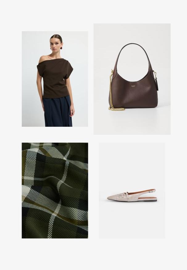 Brown off-the-shoulder top made of smooth fabric, featuring loose sleeves and a relaxed fit, paired with navy wide-leg trousers.; Woven plaid fabric featuring dark green, black, and white colors. The texture is smooth with a soft, patterned finish.; Light beige slingback shoe with a pointed toe, a soft suede texture, featuring two decorative buckles and a low, flat heel.; COACH BROOKLYN SHOULDER BAG 23 - Handbag - maple