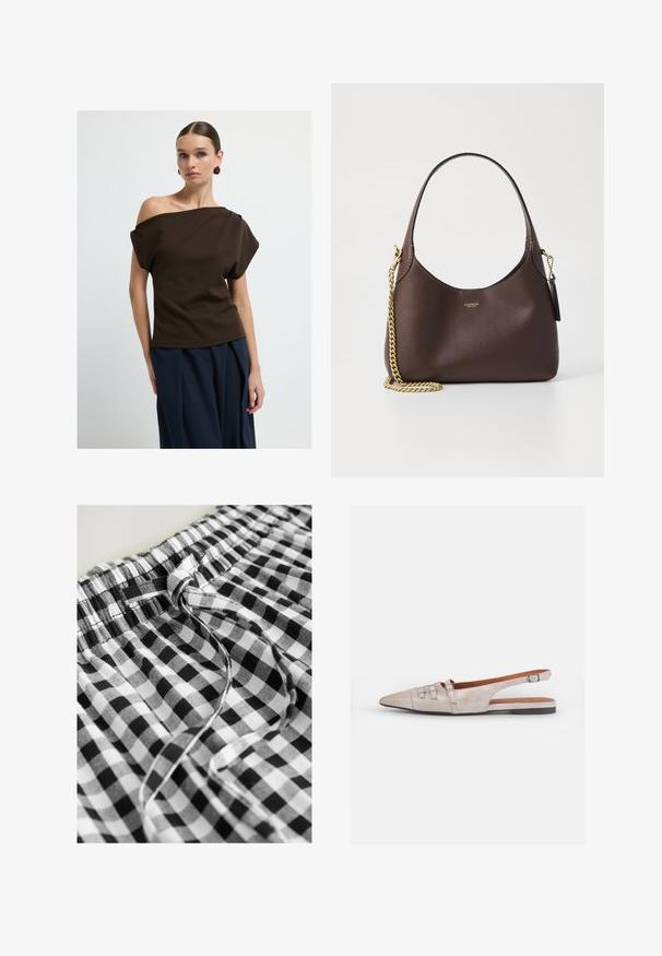 Brown off-the-shoulder top made of smooth fabric, featuring loose sleeves and a relaxed fit, paired with navy wide-leg trousers.; Next DROP WAIST - Maxi skirt - black white gingham; Light beige slingback shoe with a pointed toe, a soft suede texture, featuring two decorative buckles and a low, flat heel.; COACH BROOKLYN SHOULDER BAG 23 - Handbag - maple