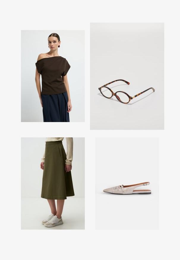 Top marrone senza spalle realizzato in tessuto liscio, con maniche ampie e una vestibilità rilassata, abbinato a pantaloni a palazzo blu navy.; Gonna A-line verde oliva con una consistenza liscia, vita alta e dettagli delle cuciture, abbinata a sneakers bianche e beige.; Scarpa slingback beige chiaro con punta allungata, una morbida texture in suede, dotata di due fibbie decorative e un tacco basso e piatto.; Occhiali da vista in tartaruga con montatura ovale, lenti trasparenti e dettagli dorati. Presentano tempie curve e una finitura liscia e lucida.; COACH BROOKLYN SHOULDER BAG 23 - Borsa a mano - maple