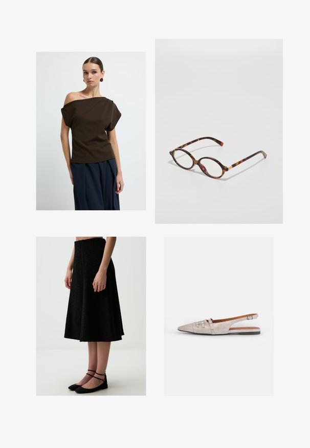 Bruine off-shoulder top gemaakt van gladde stof, met losse mouwen en een relaxte fit, gecombineerd met marineblauwe wijde broek.; Zwarte A-lijn rok van gestructureerde stof, met een middenlengte ontwerp en een strakke tailleband, gecombineerd met zwarte platte schoenen met enkelbandjes.; Lichtbeige slingback schoen met een spitse neus, een zachte suède textuur, voorzien van twee decoratieve gespen en een lage, platte hak.; schildpadbril met ovale monturen, heldere lenzen en gouden accenten. Bevat gebogen pootjes en een gladde, glanzende afwerking.; COACH BROOKLYN SHOULDER BAG 23 - Handtas - maple