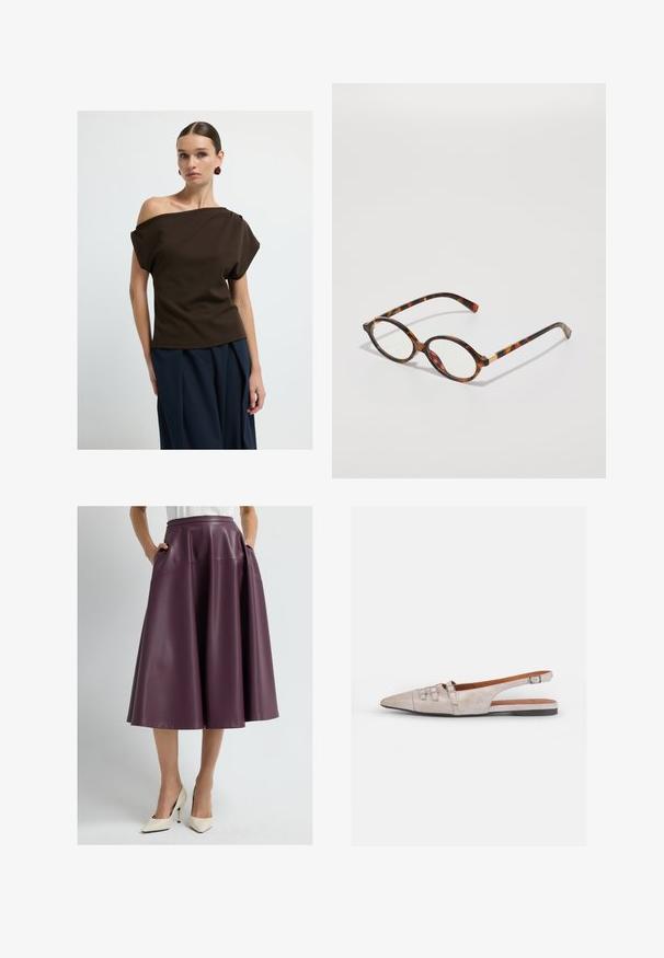 Top marrone senza spalle realizzato in tessuto liscio, con maniche ampie e una vestibilità rilassata, abbinato a pantaloni a palazzo blu navy.; Donna che indossa una gonna in pelle viola scuro fino al ginocchio con tasche e tacchi a punta bianchi, in piedi davanti a uno sfondo neutro.; Scarpa slingback beige chiaro con punta allungata, una morbida texture in suede, dotata di due fibbie decorative e un tacco basso e piatto.; Occhiali da vista in tartaruga con montatura ovale, lenti trasparenti e dettagli dorati. Presentano tempie curve e una finitura liscia e lucida.; COACH BROOKLYN SHOULDER BAG 23 - Borsa a mano - maple