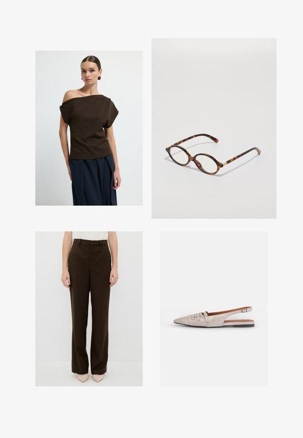 Bruine off-shoulder top gemaakt van gladde stof, met losse mouwen en een relaxte fit, gecombineerd met marineblauwe wijde broek.; Bruine streepjesslipjes met een rechte pijp, voorzien van een tailleband met riemlussen en voorzakken, gemaakt van een gladde stof.; Lichtbeige slingback schoen met een spitse neus, een zachte suède textuur, voorzien van twee decoratieve gespen en een lage, platte hak.; schildpadbril met ovale monturen, heldere lenzen en gouden accenten. Bevat gebogen pootjes en een gladde, glanzende afwerking.; COACH BROOKLYN SHOULDER BAG 23 - Handtas - maple
