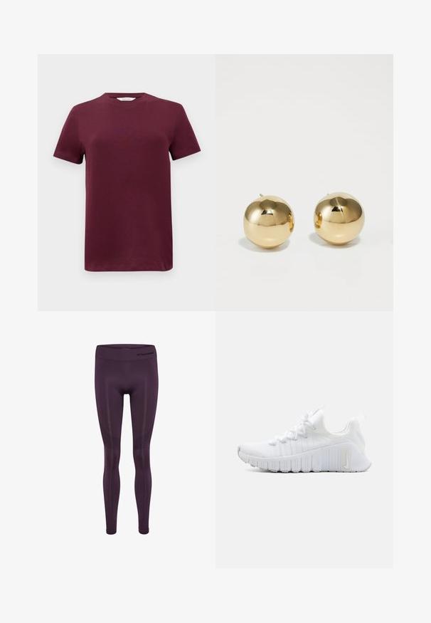 Burgunderfarbenes kurzärmliges T-Shirt aus glattem Baumwollstoff mit Rundhalsausschnitt und geradem Saum. Minimalistisches Design, ohne Muster oder Akzente.; Lila Sportleggins aus dehnbarem Stoff, mit hohem Bund und subtilen strukturierten Mustern an den Seiten.; Weißer Sportschuh mit einer strukturierten Oberseite, flacher Schnürung und ausgeprägter Gummisohle mit vertikalen Rillen. Mit einem Logo an der Seite.; Goldene, kugelförmige Steckohrringe mit polierter Oberfläche und kleinem Steg. Sie weisen eine glatte Textur und reflektierende Oberfläche auf.