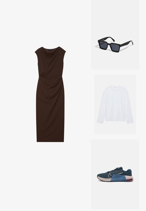 White long-sleeve t-shirt made of cotton. Features a classic crew neckline and dropped shoulder seams, with a smooth, plain texture.; Brown knee-length dress made of smooth fabric, featuring a draped neckline, cap sleeves, and gathered detailing on one side.; Nike Performance METCON 9 - Training shoe - armory navy/platinum violet/plum dust/aegean storm; Black rectangular sunglasses with dark lenses, featuring a sleek design and gold accents along the frame. Textured arms for grip.; Brown leather tote bag with a smooth texture, vertical seam detailing, and two flat handles. Open top design, spacious interior.