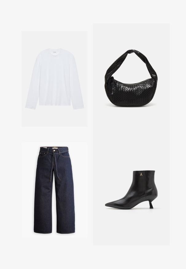 White long-sleeve t-shirt made of cotton. Features a classic crew neckline and dropped shoulder seams, with a smooth, plain texture.; Wide-leg dark blue denim jeans with a high waist, featuring a drawstring tie, five pockets, and contrasting stitching details.; Patrizia Pepe Classic ankle boots - nero; Black woven leather handbag with a curved shape, featuring a thick handle and a zip closure. Textured surface with a glossy finish.