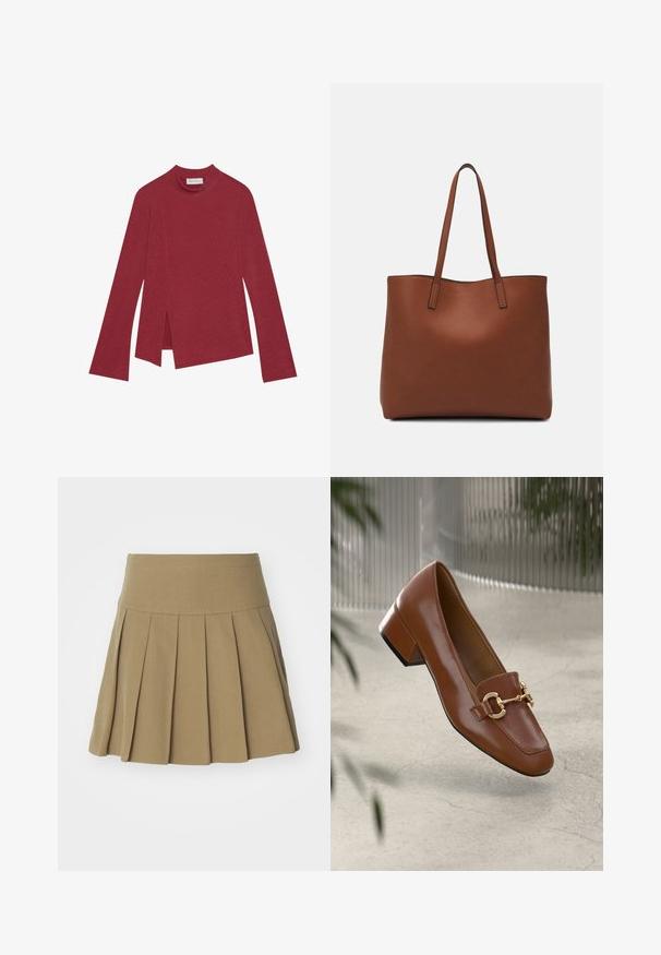 Crvena rebrasta majica dugih rukava s visokim ovratnikom. Ima asimetričnu donju ivicu sa bočnim prorezima i glatku teksturu. Unutrašnja oznaka vidljiva.; Khaaki suknja s nabranim pojasom, izrađena od glatkog materijala, s oštro izrađenim nabranim detaljima koji poboljšavaju njezin uređeni izgled.; Smeđi lakirani loafer s kvadratnim vrhom, metalnim lancem kao naglaskom i niskom blok petom; glatka tekstura, minimalistički dizajn.; Smeđa kožna torba preko ramena s glatkom teksturom, otvorenim vrhom i dvjema naramenicama. Ima minimalne šavove i nema vidljivog hardvera.
