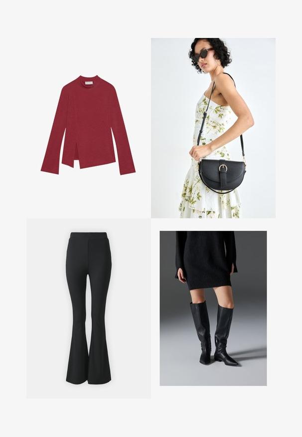 Top de manga larga de canalé rojo con cuello alto. Presenta un dobladillo asimétrico con aberturas laterales y una textura suave. Etiqueta visible en el interior.; Pantalones acampanados negros hechos de tejido elástico. Presentan una cinturilla alta y un diseño ajustado y suave que se ensancha desde la rodilla hacia abajo.; Botas de cuero negro por encima de la rodilla con puntas afiladas, suelas planas y cremalleras laterales. Textura suave, diseño elegante sin adornos.; Bolso de piel negra con forma curva, correa desmontable y herrajes dorados. El bolso cuenta con una solapa con un detalle de hebilla.