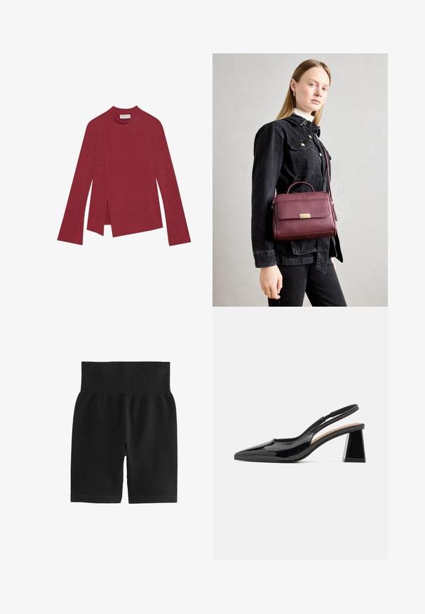 Top de manga larga de canalé rojo con cuello alto. Presenta un dobladillo asimétrico con aberturas laterales y una textura suave. Etiqueta visible en el interior.; Pantalones cortos negros con superficie acanalada que cuentan con una amplia cinturilla elástica, textura suave y un diseño ajustado. El material es elástico para facilitar el movimiento.; Zapatos de tacón negro de charol tipo slingback con punta afilada, que cuentan con un exclusivo tacón en bloque geométrico y una textura suave. Correa ajustable para mayor soporte.; Bolso de cuero burdeos con cierre dorado, forma estructurada, asa superior y correa de hombro ajustable. El modelo lleva una chaqueta de mezclilla.