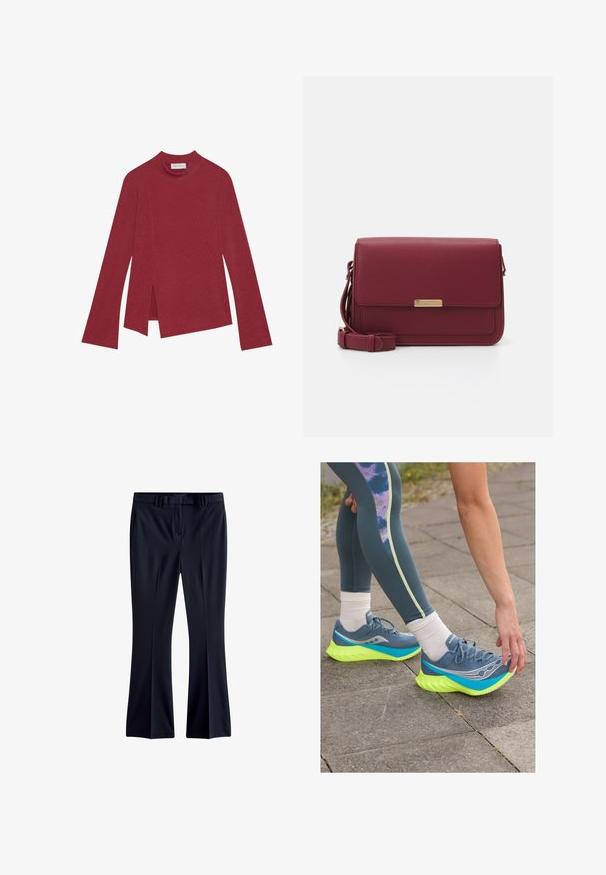 Piros bordázott, hosszú ujjú felső magas nyakkal. Aszimmetrikus aljjal rendelkezik, oldalsó hasítékokkal és sima tapintású. Címke a belső oldalán látható.; Sötétkék, sima anyagból készült harangszárú nadrág, övfogókkal, oldalsó zsebekkel és lapos elülső rész kialakítással. Ceruza szabású a száraknál.; Saucony ENDORPHIN PRO 4 - Utcai futócipők - mirage/citron; Anna Field Keresztpántos táska - bordeaux