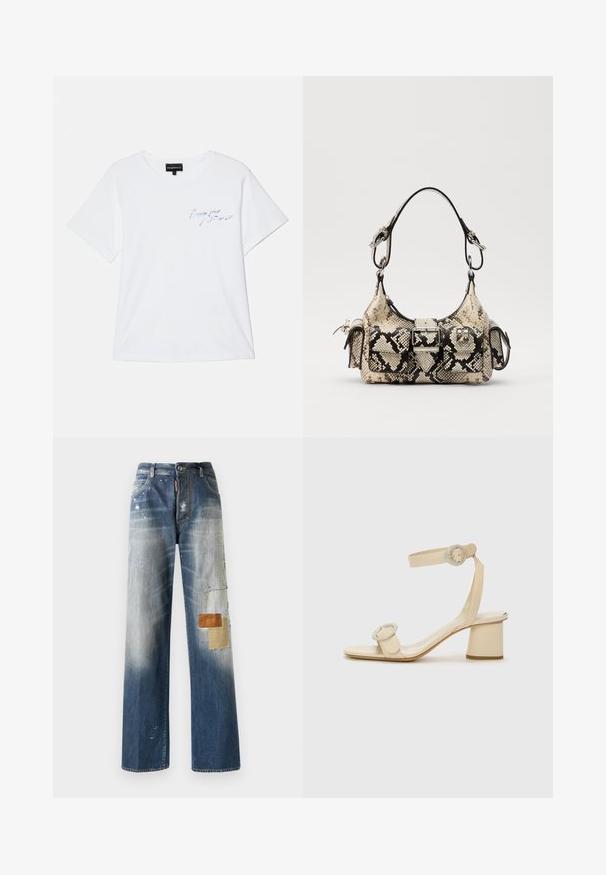 White cotton t-shirt featuring short sleeves, a crew neck, and blue embroidered text on the chest. Simple, relaxed fit design.; Blue denim jeans featuring a loose fit, faded sections, and various textured patches in brown and beige on the left leg. Light distressing visible.; Beige high-heeled sandals with a minimalist design, featuring two circular accents and a chunky heel. Made from smooth leather.; Python-print handbag in beige and black, featuring a structured shape, buckle detail, and dual shoulder straps. Textured surface.