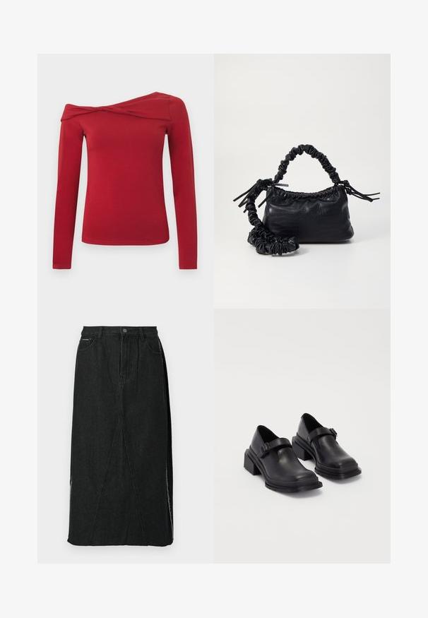 Crveni top s dugim rukavima i asimetričnim izrezom preko jednog ramena. Izrađen od mekog, rastezljivog materijala sa glatkom teksturom.; Crna traper suknja s visokim strukom, ravnog kroja i jedinstvenim koso postavljenim šavovima. Sadrži bočne proreze i dugme za zakopčavanje na struku.; Crne kožne cipele s okruglim vrhom, ravnim đonom i remenom s detaljem kopče. Debeli blok peti za dodatnu stabilnost.; Crna torba od umjetne kože s teksturom krokodila, s cinčanim vrhom i naboranom trakom. Izgleda mekano i kompaktno u dizajnu.