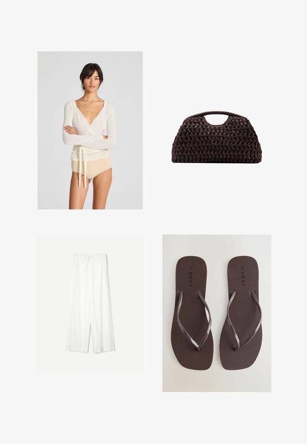 Light cream wrap top with long sleeves and a deep V-neck, featuring a tie detail at the waist, paired with nude high-waisted bottoms.; White wide-leg pants with a drawstring waist, shown against a plain background, emphasizing their relaxed style and fabric texture.; Next SQUARE TOE - Pool shoes - chocolate brown; Woven brown handbag with a rounded silhouette, featuring a top handle and textured surface. Compact design with a flat base for stability.