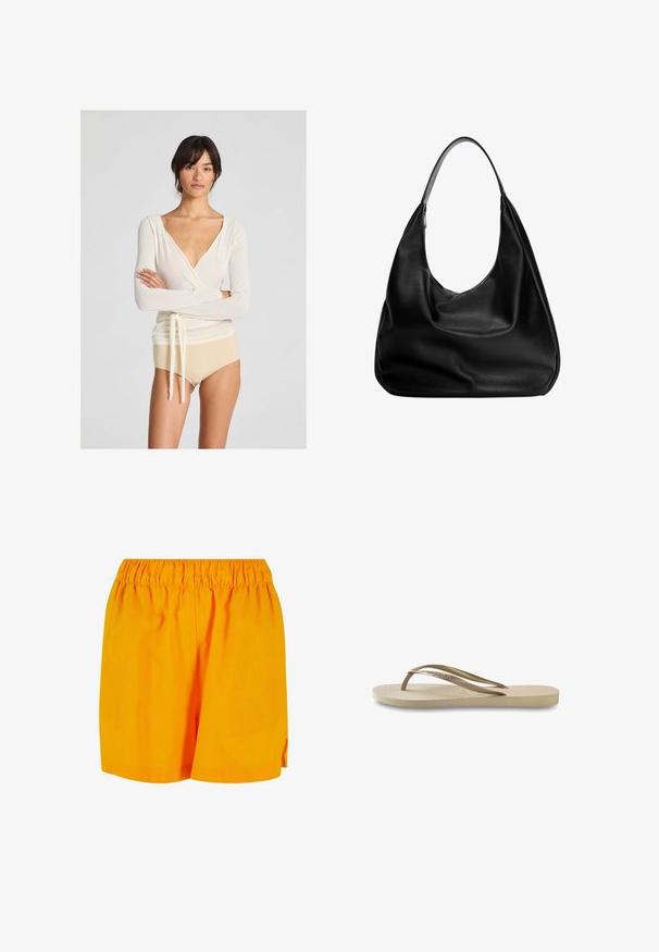 Világos krémszínű, hosszú ujjú, mély V-nyakú felső, deréknál megkötős részlettel, amelyet meztelen színű, magas derekú alsóval párosítottak.; Narancssárga pamut rövidnadrág, elasztikus derékpánttal, laza megfelelő, egyszerű, díszítés nélküli kivitelben.; Világos bézs szandál, textúrázott talprészel, lapos talppal és vékony, fényes pántokkal. Diszkrét logó található a pánton.; Fekete bőr hobo táska laza fazonban, széles vállpánttal és sima felülettel. Oldalán egy zipzáras záródással rendelkezik.