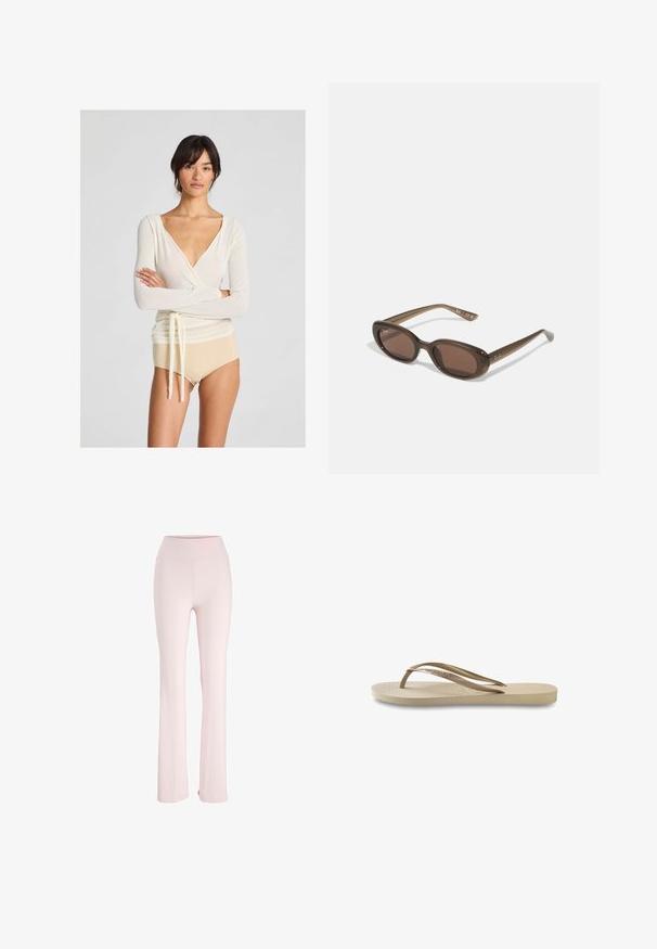 Svijetlosmeđa wrap majica s dugim rukavima i dubokim V-izrezom, s detaljem u obliku vezice u struku, u kombinaciji s bež hlačama visokog struka.; Svijetlo ružičaste hlače s širim donjim dijelom izrađene od mekog, rastezljivog materijala, s visokim strukom i bez vidljivih uzoraka ili metalnih dijelova.; Svijetlosmeđi japank s teksturiranim uloškom, ravnim potplatom i tankim, sjajnim trakama. Sadrži suptilno brendiranje na traci.; Smeđe ovalne sunčane naočale s tamnim staklima. Okvir je od prozirnog smeđeg materijala i ima otisnut logo na sljepoočnicama.
