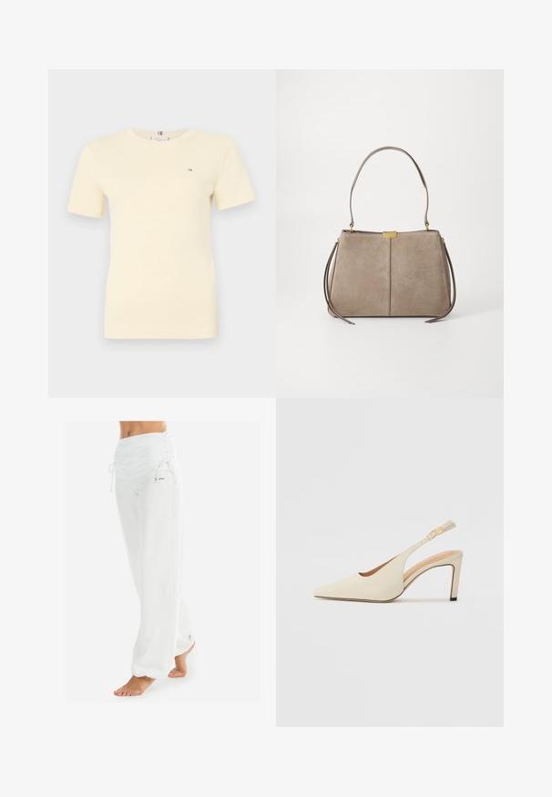 Korte mouwen gele T-shirt gemaakt van katoen, met een ronde halslijn en een klein logo op de linkerborst. Soepele textuur.; Witte, losse broek met een gerimpelde tailleband en trekkoord. Glad textuur met zijnaad, ontworpen voor comfort en beweging.; Beige leren slingback hakken met een spitse neus, open zijkant en een slanke hoge hak. Voorzien van een gouden accent op de band.; Tommy Hilfiger CASUAL SHOULDER BAG - Handtas - coastal taupe