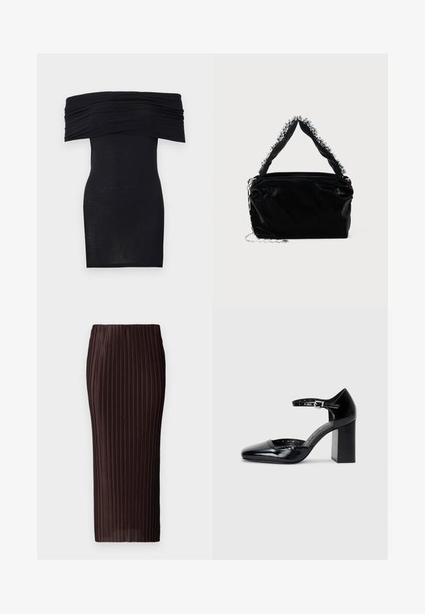 Juoda su petnešomis suknelė su surinktu iškirpimu, aptempta silueto ir lygaus paviršiaus. Minimalistinis dizainas, iki kelių ilgio, be papildomų puošmenų.; Ruda klostuota midi sijonas, turintis vertikalius raukšles, prigludusį dizainą ir lygų paviršių. Nėra matomų detalių ar akcentų.; Juodos lakuotos aukštakulnės bateliai su kvadratine nosimi, kulkšnies dirželiu ir masyviu kulnu. Apima perforuotus detalizavimus aplink kraštą.; Juodas dirbtinės odos rankinė su tekstūruotu paviršiumi, su sidabriniu karoliukų akcentu viršutinėje rankenoje ir grandinine juosta.