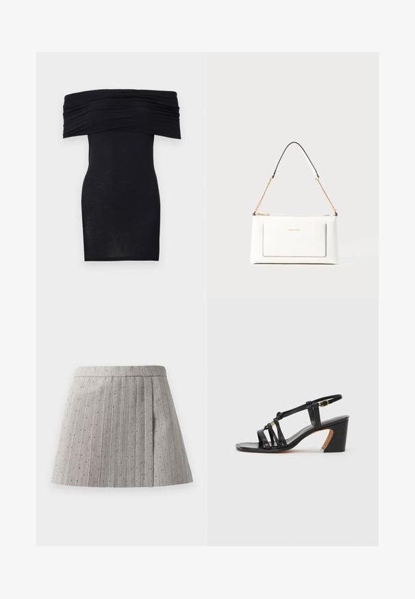 Mustmust väljerė puhväl нё жатманна шетек, впе շողզ կարակ нар чтобы чущи, фигура. Минималистское дизай́н, дли́ной до колен без дополнительных украшений.; Hallhalline plisseeritud seelik, mis on valmistatud tekstuuriga kangast ja millel on vertikaalsed triibud ning väiksed ühtlaselt jaotatud dekoratiivsed aktsendid.; Paul Smith AMIRA - Klassikalised kontsakingad - black; Valge nahast kott tekstureeritud viimistlusega, millel on kuldne kettling ja mustad aktsendid. Include eesmine tasku ja tõmblukk.