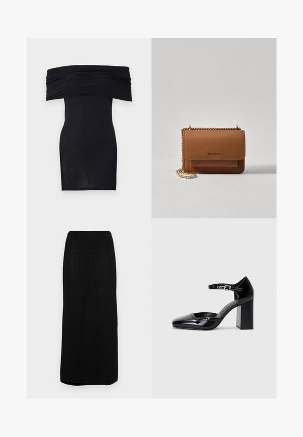 Black off-the-shoulder dress with gathered neckline, slim fit, and smooth texture. Minimalist design, knee-length with no additional embellishments.; Black knit maxi skirt with a straight silhouette, featuring a ribbed waistband and subtle vertical seams along the sides.; Black patent leather high-heeled shoes with a square toe, ankle strap, and a chunky heel. Includes perforated detailing along the rim.; Brown textured leather crossbody bag with gold chain strap and flap closure. Front features logo detail and a pocket under the flap.