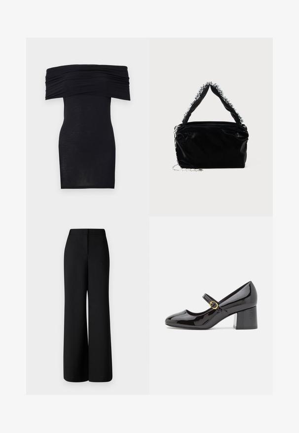 Fekete, vállnélküli ruha, fodros dekoltázzsal, karcsú fazonnal és sima textúrával. Minimalista dizájn, térd hosszúságú, díszítések nélkül.; MAX&Co. BRIVIDO - Nadrágok - schwarz; Stuart Weitzman STUART - Klasszikus sarkú cipők - black; Fekete műbőr kézitáska texturált felülettel, amelyen gyöngyökkel díszített ezüstszínű kiegészítő található a felső fogantyún, valamint láncos pánt.