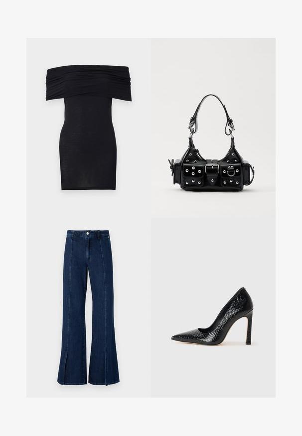 Musta olkaimeton mekko, jossa on kootut kaula-auko, kapea leikkaus ja sileä tekstuuri. Minimalistinen muotoilu, polvipituisuus ilman lisäkoristeita.; Reiluhankaiset tummansiniset farkut, joissa on korkea vyötärö, halkio hemuksessa ja klassinen viisi-taskuinen muotoilu metallinappikiinnityksellä.; Musta kapea nilkkakorkokenkä krokotiilin nahkakuviolla, joka on varustettu tyylikkäällä muotoilulla, korkealla stiletto-korkealla ja sileällä mustalla sisäosalla.; Musta nahkainen käsilaukku, jossa on kaareva muotoilu, hopeiset niitit, solki ja kaksi sivutaskua. Säädettävä olkahihna erilaisiin kantovaihtoehtoihin.