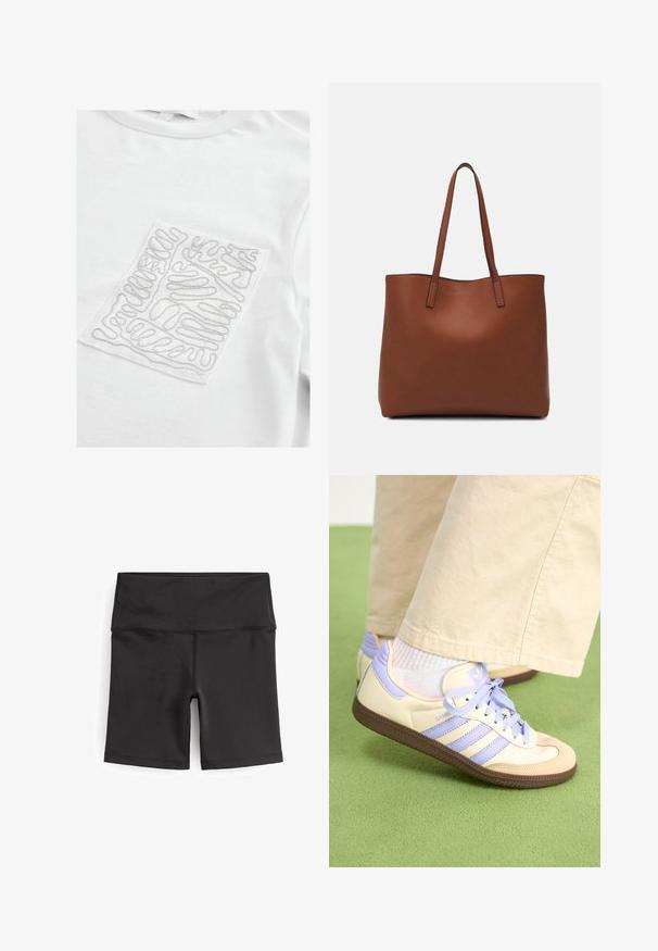 Weißes T-Shirt mit einem strukturierten rechteckigen Patch, das mit silbernem Faden in einem wellenförmigen Muster verziert ist, runder Ausschnitt und kurzen Ärmeln.; Next CYCLING - Shorts - ultimate black; Cremefarbene und lavendelfarbene Sneakers mit drei Streifen und einer strukturierten braunen Sohle, ausgestattet mit Schnürsenkeln und einer gepolsterten Ferse. Obermaterial aus weichem Stoff.; Braune Leder-Tote mit glatter Textur, offenem Oberteil und zwei Schulterriemen. Verfügt über minimale Nähte und keine sichtbaren Beschläge.