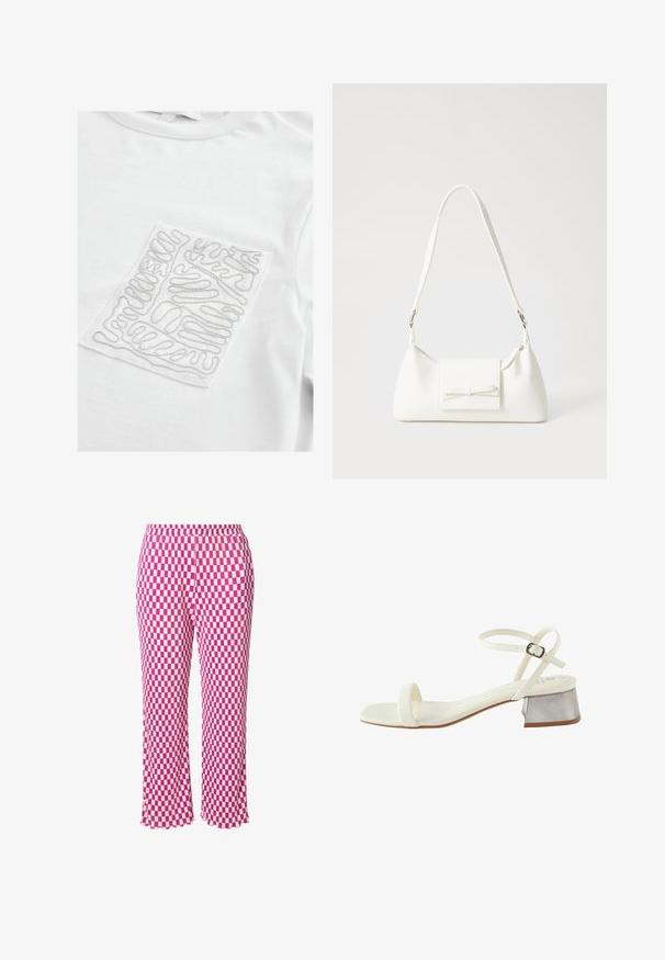 Valkoinen t-paita, jossa on teksturoitu suorakulmainen nappi, jossa on hopealanka lainekuvioissa, pyöreä kaula-aukko ja lyhyet hihat.; Vaaleanpunaiset ja valkoiset ruudulliset housut, joissa on joustava vyötärö, lyhyt pituus ja hieman nyrhitty helma. Valmistettu kevyestä, muotoillusta kankaasta.; Next Morsiuskengät - bone; Valkoinen synteettinen käsilaukku, jossa on kolmikulmainen muoto, tasainen etu läppä ja nauhadetail, säädettävä olkahihna, sileä rakenne ja minimalinen muotoilu.