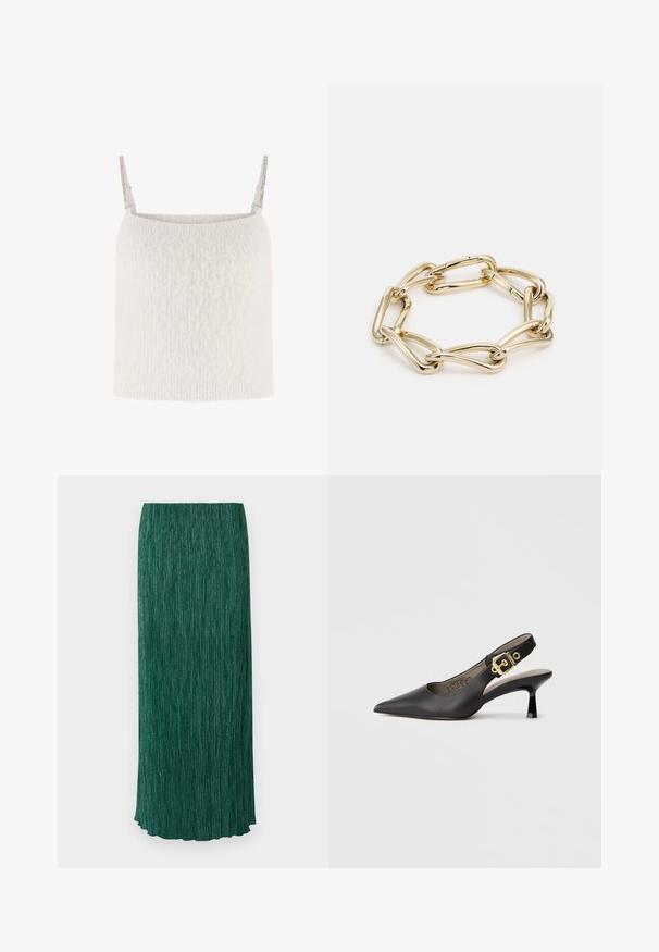 Hvid striktop med en blød tekstur, der har tynde stropper prydet med metal detaljer. Lige snit uden synlige lukninger.; Lang grøn nederdel med en struktureret overflade, der har lodrette folder og en subtil glans. Den har en lige silhuet og en scalloperet kant.; Sort slingback højhælt sko med spids tå, glat læderstruktur og en guldfarvet spændeaccent på remmen.; Guld-tone armbånd med sammenkoblede, langstrakte led med en glat, skinnende overflade. Hver led har en karakteristisk oval form.