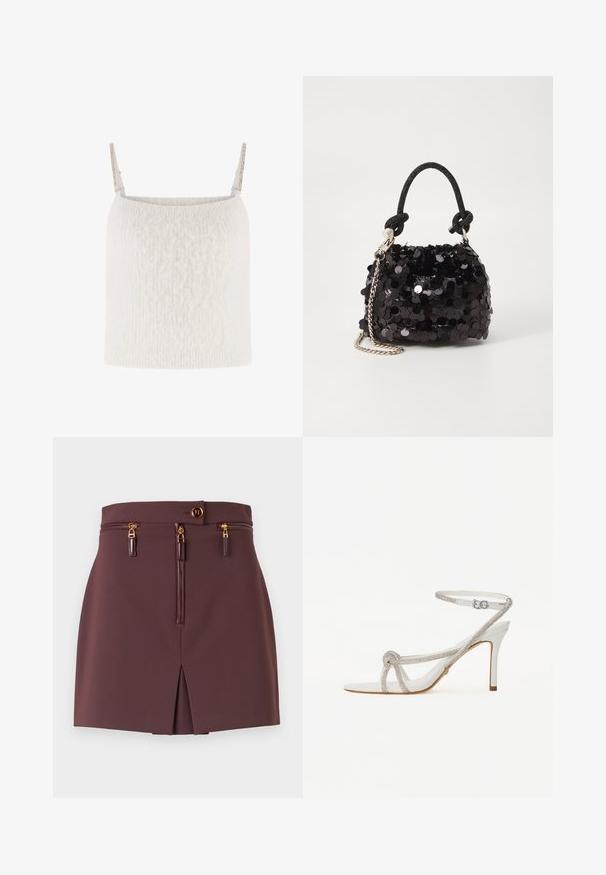 Fehér kötött felső, puha textúrával, vékony pántokkal, amelyeket fémszínek díszítenek. Egyenes fazon, látható záródás nélkül.; Burgundiszínű mini szoknya karcsú fazonnal, elülső cipzárral, dekoratív cipzárokkal, hasítékkal és arany díszítésű gombos záródással.; Fehér magas sarkú szandál texturált pánttal, amelyet bets csillogó kövek díszítenek, nyitott orrkialakítással, és állítható csatú bokapánttal.; Fekete flitteres mini kézitáska csomózott textúrájú pánttal és ezüst lánccal. Lekerekített forma, ráncolt tetejével és fényvisszaverő részletekkel.