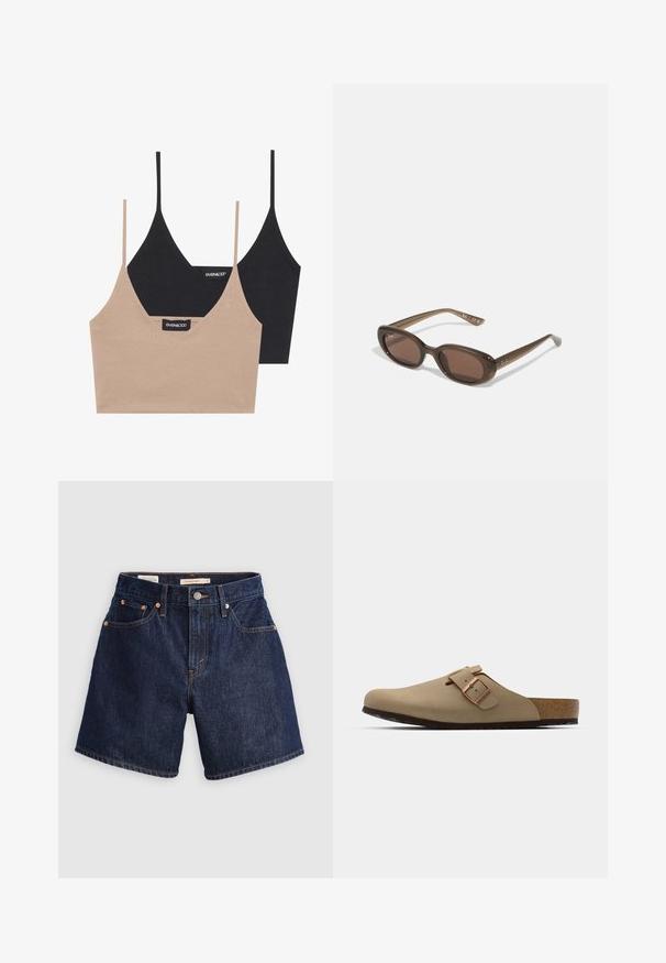 Dwa bawełniane biustonosze: jeden w jasnym beżu, a drugi w czerni, z cienkimi ramiączkami i dekoltem w kształcie litery V. Etykiety widoczne w środku.; Szorty dżinsowe w ciemnoniebieskim odcieniu, z pięciokieszeniowym stylem, zapięciem na guziki oraz widocznymi szwami w kontrastowym pomarańczowym kolorze.; Beżowe klapki z zaokrąglonym noskiem, regulowanym zapięciem i korkową wkładką. Teksturowana powierzchnia z czarną gumową podeszwą dla lepszej przyczepności.; Brązowe, owalne okulary przeciwsłoneczne z ciemnymi soczewkami. Rama wykonana jest z przezroczystego brązowego materiału i ma logo nadrukowane na zausznikach.