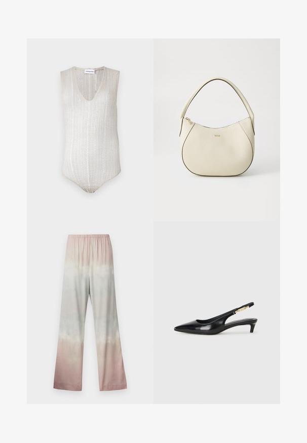 Ljusbeige ärmlös bodysuit med V-ringning, texturerad ribbad design och figursydd passform. Stickat material med en mjuk yta.; Vida byxor i lätt tyg med en gradient tie-dye mönster i mjuka pastellfärger: rosa, mint och krämig beige. Elastisk midja.; Svart läder slingback-hälar med spetsig tå, med en smal klack och en guldtonad detalj på den justerbara remmen. Slät textur.; Krämfärgad handväska med texturerad yta, böjd form, kort handtag och detalj i guldton. Dragkedjestängning upptill.