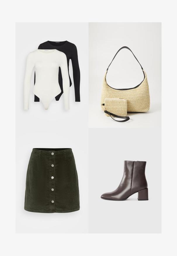 Kaksi pitkähihasta bodya valkoisena ja mustana. Valmistettu sileästä kankaasta, jossa on pyöreät kaula-aukot ja thong-takaosa sujuvaa käyttöä varten.; Vero Moda Petite VMETTA SHORT SKATER - A-linjainen hame - forest night; Ruske antilopne čizme do gležnja sa elegantnim dizajnom, šiljatim nožnim delom i kvadratnom blok petom. Glatka tekstura i minimalistička silueta.; Kudottu olkikassi kaarevalla siluetilla, jossa on sileä musta nahkaremmi ja siihen kiinnitetty yhteensopiva pieni pussukka rannekahvalla.