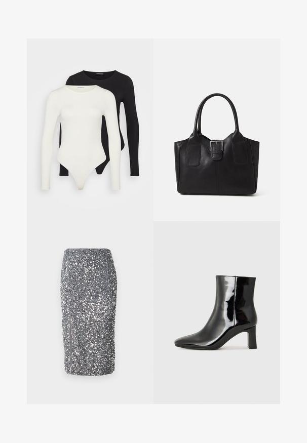 Dve body s dlhým rukávom v bielej a čiernej farbe. Vyrobené z hladkej tkaniny, s okrúhlym výstrihom a nohavičkovým dnom pre pohodlné nosenie.; Strieborná sukňa v úzkom strihu s flitrami, ktorá má priliehavý dizajn, hladkú textúru a bočný zips. Tkanina je hustou vrstvou pokrytá reflexnými flitrami.; Čierne lakované členkové topánky s špicatou špičkou a stredne vysokým blokovým podpätkom. Hladká textúra a minimalistický dizajn.; Čierna kožená taška s hladkou textúrou, štruktúrovaným tvarom, dvoma uchami a výrazným strieborným prackovým detailom na prednej strane.
