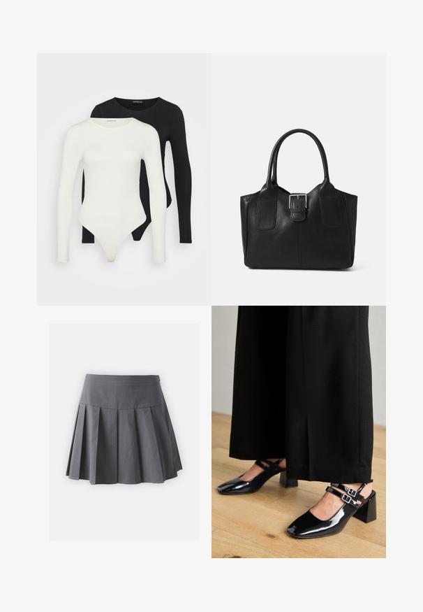Két hosszú ujjú bodyn fehér és fekete színben. Simább anyagból készült, kerek nyakkivágással és tanga fazonú alsó résszel a simább viselet érdekében.; Szürke pliszírozott szoknya, amelynek illeszkedő derékrésze van, pamut keverékből készült. Több szimmetrikus pliszéval rendelkezik, ami fodros designt kölcsönöz.; Fekete lakkozott bőr slingback cipők négyzet alakú orral, kettős, állítható bokapántokkal és tömbsarkakkal. Simább, fényes felület.; Fekete bőr bevásárlótáska sima textúrával, strukturált formával, két fogantyúval és egy figyelemfelkeltő ezüst csattal az elején.