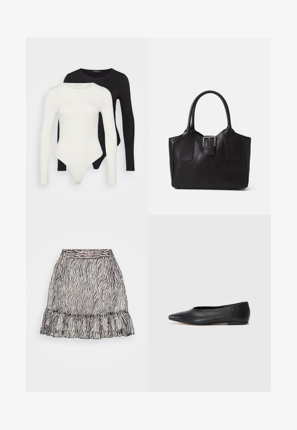 To langermagede bodysuit i hvit og svart. Laget av glatt stoff, med rund hals og en thong-bunn for en strømlinjeformet passform.; Gjennomsiktig skjørt med zebra-mønster som har volangkant, i svart og hvitt, og elastisk liv for en behagelig passform.; Sorte lærballerina med spiss tå, minimalistisk design, glatt tekstur, lav hæl uten synlig metall eller dekorasjoner.; Svart skinn toteveske med jevn tekstur, strukturert form, to håndtak og en fremtredende sølvspenne foran.