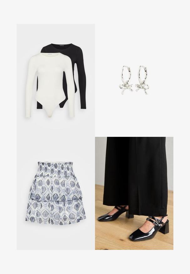 Dwa długie body z długim rękawem w kolorze białym i czarnym. Wykonane z gładkiej tkaniny, z okrągłymi dekoltami i majtkami typu thong, co zapewnia smukłe dopasowanie.; Biała spódnica warstwowa z kwiatowym wzorem w odcieniach niebieskiego i szarości, z marszczonym pasem i lekkim, teksturowanym materiałem.; Czarne lakierowane buty na obcasie typu slingback z kwadratowym noskiem, z podwójnymi regulowanymi zapięciami na kostkach i słupkowymi obcasami. Gładkie, błyszczące wykończenie.; Srebrne kolczyki koła z motywem kokardy, o gładkim wykończeniu i polerowanej fakturze. Kompaktowy, minimalistyczny styl odpowiedni na różne okazje.