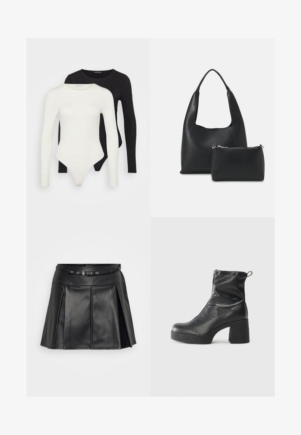 Duas bodies de mangas longas em branco e preto. Feitas de tecido liso, com decotes redondos e parte inferior tipo fio dental para um uso mais elegante.; Saia de imitação de couro preta com uma cintura ajustada, cinto ajustável e design pregueado. Apresenta uma textura suave e um corte definido.; Botas de tornozelo pretas feitas de couro liso, com fecho lateral, salto grosso texturizado e design de bico arredondado.; Even&Odd Mala de mão - black