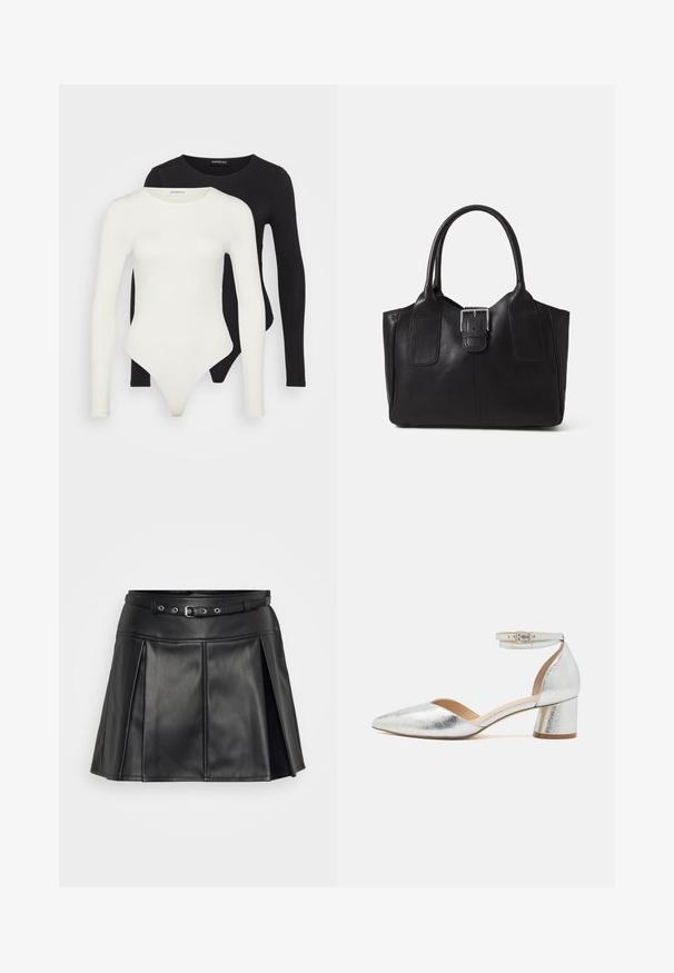 Dva bodysuita s dolgimi rokavi v beli in črni barvi. Narejena iz gladkega blaga, s krogi neckline in tangicami za gladko nošenje.; Črna krilo iz umetnega usnja z oprijetim pasom, nastavljivim pasom in nabranim dizajnom. Ima gladko teksturo in prirejen kroj.; Srebrni metalni čevlji z nizko blokasto peto in koničastim nosom, z zaponko in ankletom na belem ozadju.; Črna usnjena torba s gladko teksturo, strukturirano obliko, dvema ročkama in izrazitim srebrnim sponko na sprednji strani.