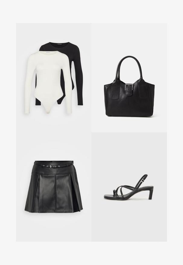 Dva bodysuita s dolgimi rokavi v beli in črni barvi. Narejena iz gladkega blaga, s krogi neckline in tangicami za gladko nošenje.; Črna krilo iz umetnega usnja z oprijetim pasom, nastavljivim pasom in nabranim dizajnom. Ima gladko teksturo in prirejen kroj.; Črne natikače s trakovi in kvadratnim prstom ter nizkim blokastim peto. Imajo več tankih trakov in nastavljiv trak okoli gležnja. Narejene so iz gladkega usnja.; Črna usnjena torba s gladko teksturo, strukturirano obliko, dvema ročkama in izrazitim srebrnim sponko na sprednji strani.