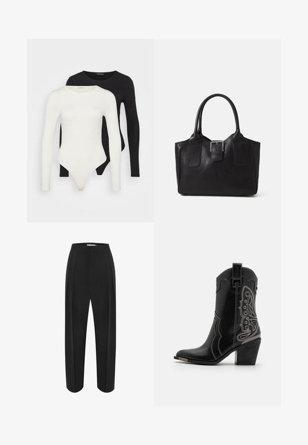 Két hosszú ujjú bodyn fehér és fekete színben. Simább anyagból készült, kerek nyakkivágással és tanga fazonú alsó résszel a simább viselet érdekében.; Fekete, bő szabású nadrág magas derékkal, sima textúrával és két elülső pliszével. Tiszta, szabott vonalvezetés jellemzi.; Fekete bőr cowboy csizma, fehér varrással és díszes kialakítással az oldalán. A sarka vastag és texturált, fémes kiegészítővel.; Fekete bőr bevásárlótáska sima textúrával, strukturált formával, két fogantyúval és egy figyelemfelkeltő ezüst csattal az elején.