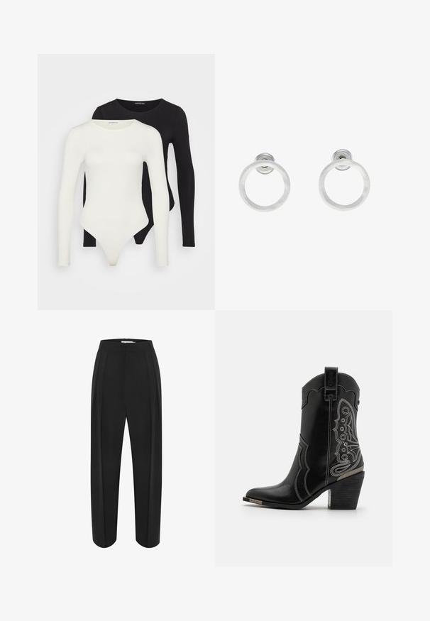 Divi garo piedurkņu bodijs baltā un melnā krāsā. Izgatavoti no gludas auduma, ar apaļām kakla izgriezumiem un stringa apakšdaļu, lai nodrošinātu plūstošu valkāšanu.; Melni platleņķu bikses ar augstu jostasvietu, ar gludu tekstūru un divām priekšējām krokām. Izveidotas ar tīru, pielāgotu formu.; Melnas ādas kovboju zābaki ar baltu šuvumu un greznu dizainu sānos. Papēdis ir masīvs un teksturēts, ar metāla akcentu.; Sudraba metāla gredzenveida auskari ar matētu faktūru, ar apaļu dizainu un caurspīdīgu aizdari, lai nodrošinātu drošu valkāšanu.