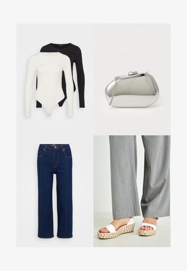 Két hosszú ujjú bodyn fehér és fekete színben. Simább anyagból készült, kerek nyakkivágással és tanga fazonú alsó résszel a simább viselet érdekében.; Sötét kék, egyenes lábú farmernadrág gombos záródással, elülső és hátsó zsebekkel, valamint látható narancssárga varrással a varratok mentén.; Fehér wedge szandálok szőtt espadrille talppal, sima felső pánttal és diszkrét fémprefinálással a saroknál. Szürke csíkolt nadrág látható.; Ezüst fém clutch táska, lekerekített, sima formával. Csatlakozott záráshoz és leválasztható lánc pánttal rendelkezik. Tükörfényes felület, minta nélkül.