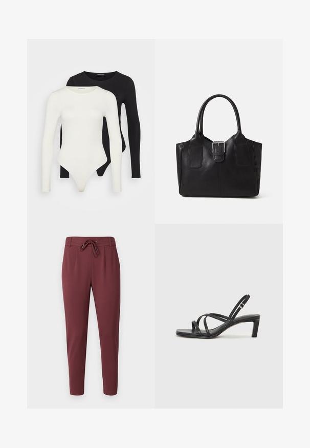 Zwei Langarmbodysuits in Weiß und Schwarz. Hergestellt aus glattem Stoff, mit runden Ausschnitten und einem String-Boden für eine schlanke Passform.; Burgunderfarbene Hose mit elastischem Bund und verstellbarem Kordelzug, schmal zulaufenden Beinen und glatter, weicher Stofftextur. Mit vorderen Fälteln für einen maßgeschneiderten Look.; Schwarze Sandale mit Riemchen, quadratischer Zehenform und niedrigem Blockabsatz. Verfügt über mehrere dünne Riemen und einen verstellbaren Knöchelriemen. Hergestellt aus glattem Leder.; Schwarze Leder-Tote mit glatter Textur, strukturiertem Design, zwei Griffen und einem auffälligen silbernen Schnallen-Detail auf der Vorderseite.