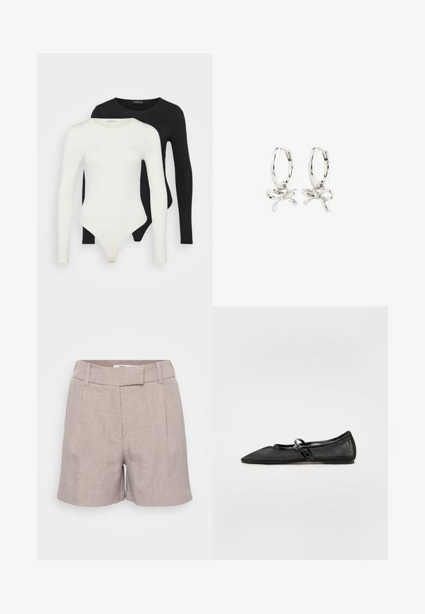 Du būgno su ilgomis rankovėmis baltos ir juodos spalvos. Pagaminti iš lygaus audinio, turi apvalų kaklą ir thong stilių, kad užtikrintų sklandų dėvėjimą.; Šviesiai pilki lininiai šortai su tekstūruotu paviršiumi, turintys plokščią priekį, diržo kilpas ir šonines kišenes. Prigludęs siluetas su kelių ilgumo kirpimu.; Juoda plokščia batai su smailiu nosiu, tinklelio viršumi ir lakinės odos akcentais. Savybės apima ploną dirželį su apvaliu metaliniu elementu.; Sidabrinės auskarų žiedai su juostos dizainu, turintys lygų paviršių ir Poliruotą tekstūrą. Kompaktiško, minimalistinio stiliaus, tinkantys įvairioms progoms.