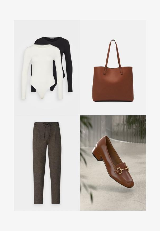 Divi garo piedurkņu bodijs baltā un melnā krāsā. Izgatavoti no gludas auduma, ar apaļām kakla izgriezumiem un stringa apakšdaļu, lai nodrošinātu plūstošu valkāšanu.; Tumši brūni, teksturēti bikses ar pavadošo jostu, sānu kabatām un sašaurinātiem krāsu galiem, izgatavotas no mīksta materiāla.; Brūni lakoti ādas loaferi ar kvadrātu purngalu, metālisku ķēdes akcentu un zemu blokveida papēdi; gluda tekstūra, minimālisma dizains.; Brūna ādas iepirkumu soma ar gludu tekstūru, atvērta augšdaļa un divas plecu siksnas. Izceļas ar minimālām šuvēm un redzamu aparatūru nav.