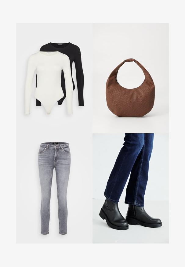 Két hosszú ujjú bodyn fehér és fekete színben. Simább anyagból készült, kerek nyakkivágással és tanga fazonú alsó résszel a simább viselet érdekében.; Karcsú fazonú szürke farmernadrág, elhalványult befejezéssel, öt zsebbel, övhurkokkal és cipzáros sliccel. Finom varrás és sima textúra jellemzi.; Fekete bőr bokacsizma vastag talppal és oldalán elnyújtott elasztikus betétekkel, sötétkék farmerral párosítva. A talaj világos színű.; Barna szőtt kézitáska kerekded formával, egyetlen párnázott fogantyúval és texturált felülettel. Nincsenek látható fémalkatrészek vagy díszítők.