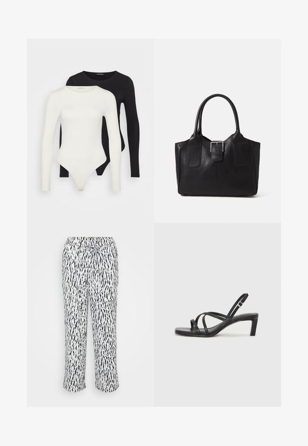 Divi garo piedurkņu bodijs baltā un melnā krāsā. Izgatavoti no gludas auduma, ar apaļām kakla izgriezumiem un stringa apakšdaļu, lai nodrošinātu plūstošu valkāšanu.; Mīksti, viegli bikses baltā krāsā ar tumši zilu abstraktu rakstu. Iespējo elastīga josta ar auklu, kas nodrošina regulējamu piegulšanu.; Melnas strappy sandales ar kvadrātveida purngaliem un zemu bloku papēdi. Ievērojamas ar vairākiem plāniem siksniņām un regulējamu potītes siksniņu. Izgatavotas no gludas ādas.; Melnas ādas somiņa ar gludu tekstūru, strukturētu formu, divām rokturām un izteiktu sudraba sprādzi priekšpusē.
