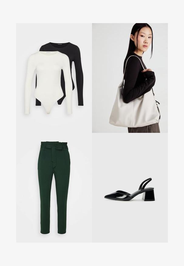 Duas bodies de mangas longas em branco e preto. Feitas de tecido liso, com decotes redondos e parte inferior tipo fio dental para um uso mais elegante.; Vero Moda Petite VMEVA PAPERBAG - Calças - pine grove; Sandy em verniz preto com salto slingback, ponta afilada e salto geométrico. Apresenta um design elegante e minimalista com textura suave.; Uma bolsa bege feita de material macio, com um design descontraído, detalhes de costura e duas alças para o ombro. Adequada para uso diário.