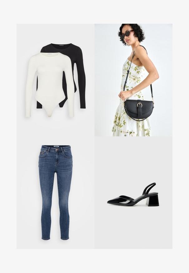 Duas bodies de mangas longas em branco e preto. Feitas de tecido liso, com decotes redondos e parte inferior tipo fio dental para um uso mais elegante.; Jeans skinny azul escuro feitos de denim com uma textura suave, design de cinco bolsos e detalhe em botão cobre na cintura.; Sandy em verniz preto com salto slingback, ponta afilada e salto geométrico. Apresenta um design elegante e minimalista com textura suave.; Bolsa de couro preta com forma curva, alça destacável e detalhes em dourado. A bolsa possui uma aba com detalhe de fivela.