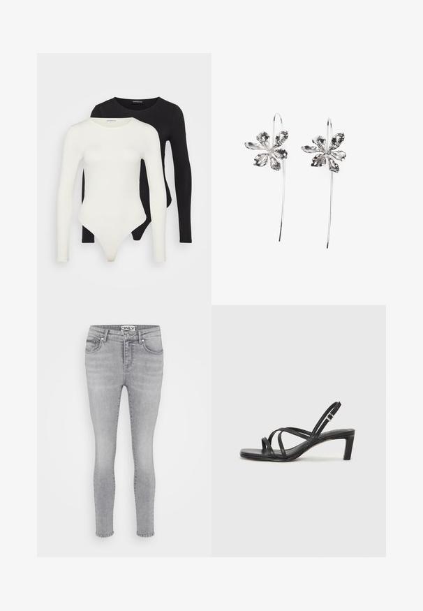 Kaksi pitkähihasta bodya valkoisena ja mustana. Valmistettu sileästä kankaasta, jossa on pyöreät kaula-aukot ja thong-takaosa sujuvaa käyttöä varten.; Vaaleanharmaat farkkuhenkselit, joissa on tavallinen viiden taskun malli, vyölenkit ja nappisuljenta.; Mustat hihnalligat, joissa on neliön muotoinen kärki ja matala lohkokorko. Ominaisuuksiin kuuluu useita ohuita hihnoja ja säädettävä nilkkahihna. Valmistettu sileästä nahasta.; Hopeakukka-muotoiset korvakorut, joissa on teksturoitu pinta, pitkät koukut ja terälemäiset yksityiskohdat hienostuneen muotoilun luomiseksi.